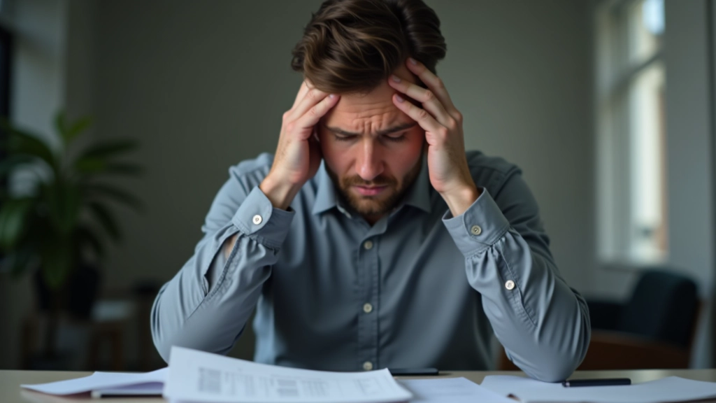Personne dans une position stressée, mains sur le visage, documents financiers éparpillés sur la table
