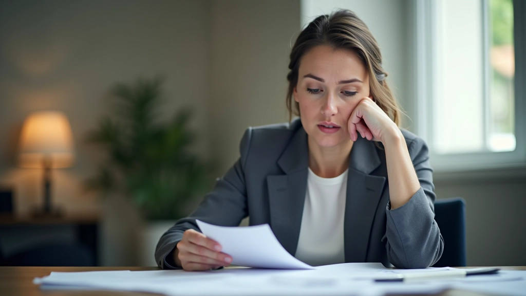 Personne consultant des documents de crédit et d'endettement, avec un regard préoccupé, à son bureau avec des factures